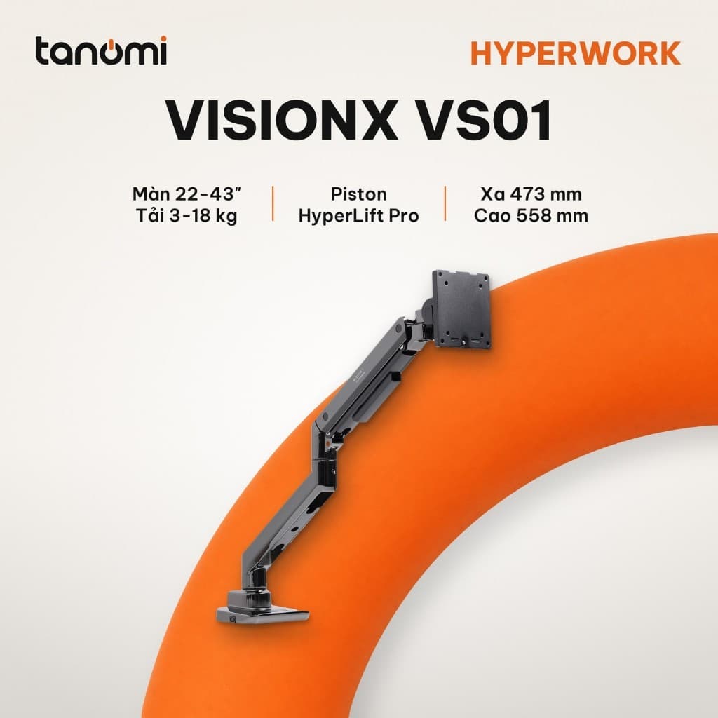 Giá đỡ màn hình HyperWork VisionX Stealth VS01 1 màn 22-43 inch 3-18 kg Piston HyperLift Pro Mạ chrome đen Đen xám