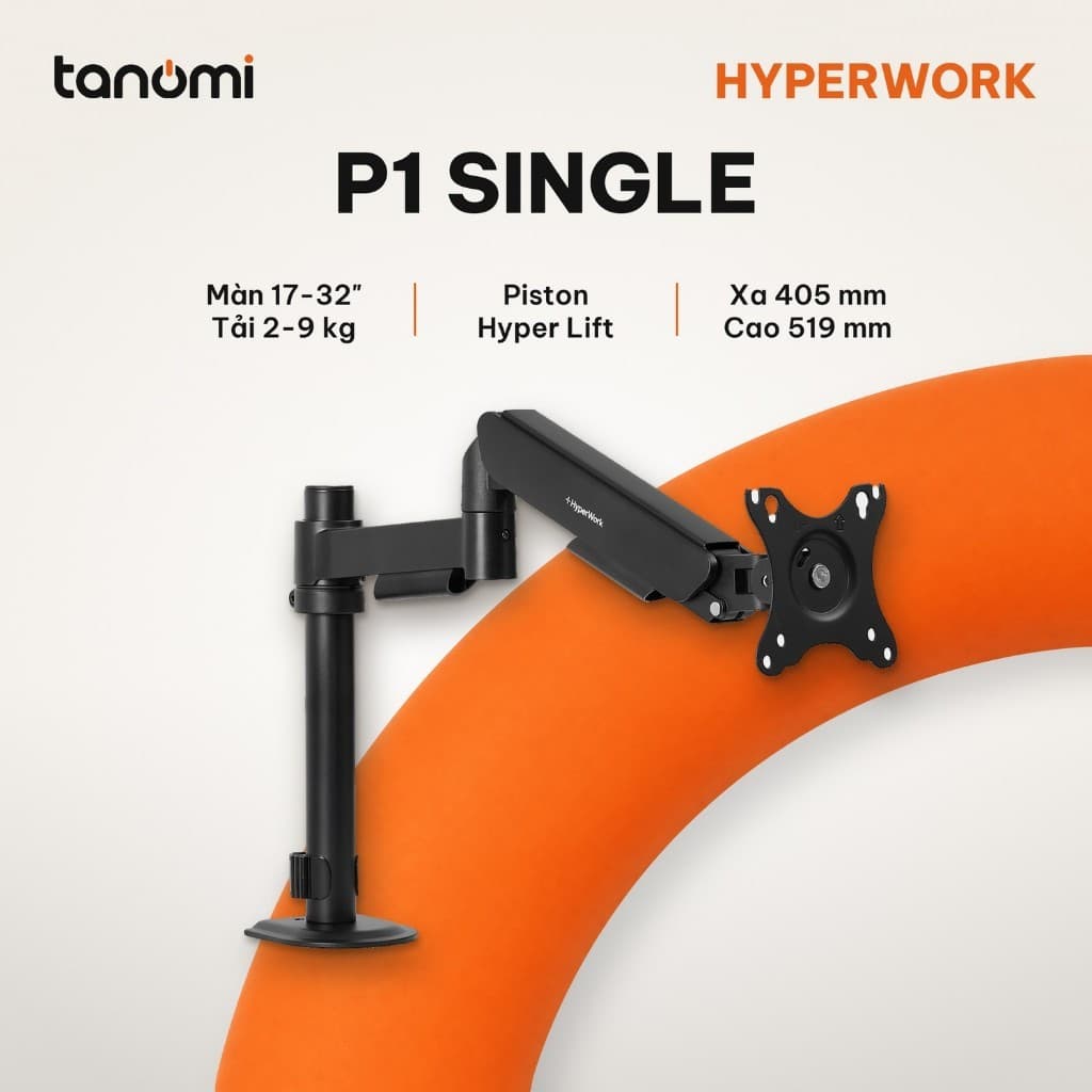 Giá đỡ màn hình HyperWork P1 SINGLE 1 màn 17-32 inch 2-9 kg Trợ lực Piston HyperLift Vươn cao 519 mm