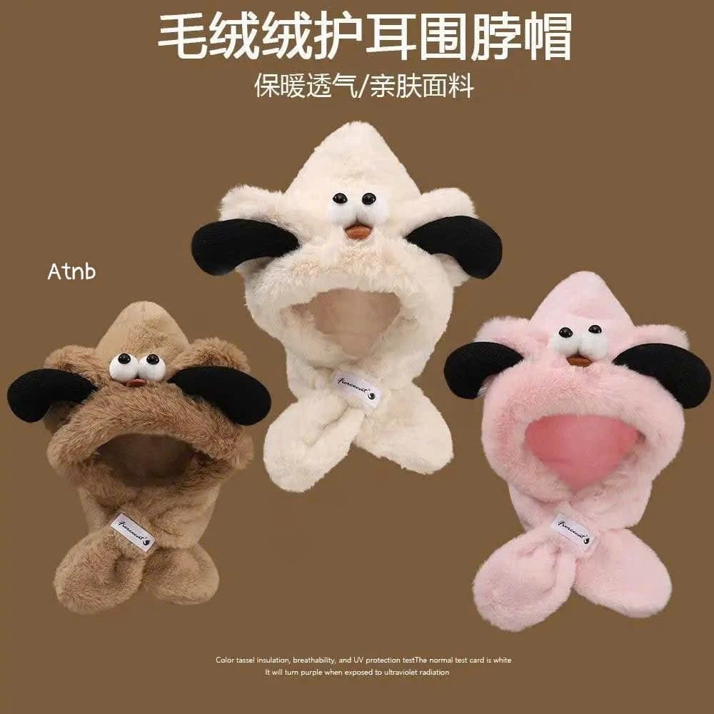 Mũ Mùa Đông Tai Cún Cho Bé Trùm Đầu Kèm Khăn Quàng Cổ Họa Tiết Mắt 3D Dễ Thương Chất Lông Mềm Mịn Ấm Áp A3Ti6