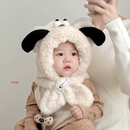 Mũ Mùa Đông Tai Cún Cho Bé Trùm Đầu Kèm Khăn Quàng Cổ Họa Tiết Mắt 3D Dễ Thương Chất Lông Mềm Mịn Ấm Áp A3Ti6 4