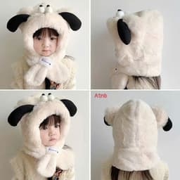 Mũ Mùa Đông Tai Cún Cho Bé Trùm Đầu Kèm Khăn Quàng Cổ Họa Tiết Mắt 3D Dễ Thương Chất Lông Mềm Mịn Ấm Áp A3Ti6 3