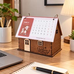 Lịch Gỗ Để Bàn Lynhdecor 2027 Hình Ngôi Nhà, Lịch Để Bàn Kèm Hộp Đựng Bút. Miễn phí khắc tên,logo 3