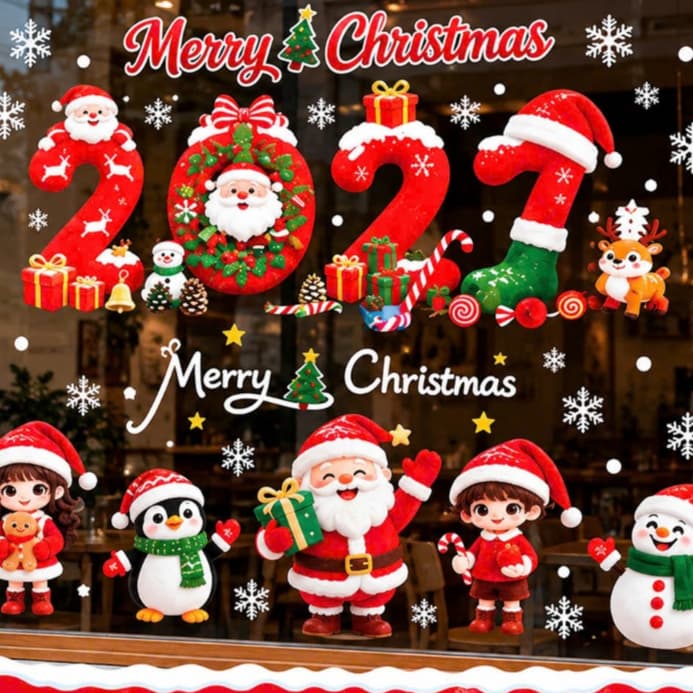 Mẫu 2027 Decal dán kính chủ đề NOEL - TẾT hít tĩnh điện không keo 2 mặt, dễ dán – Trang trí nhà, cửa hàng