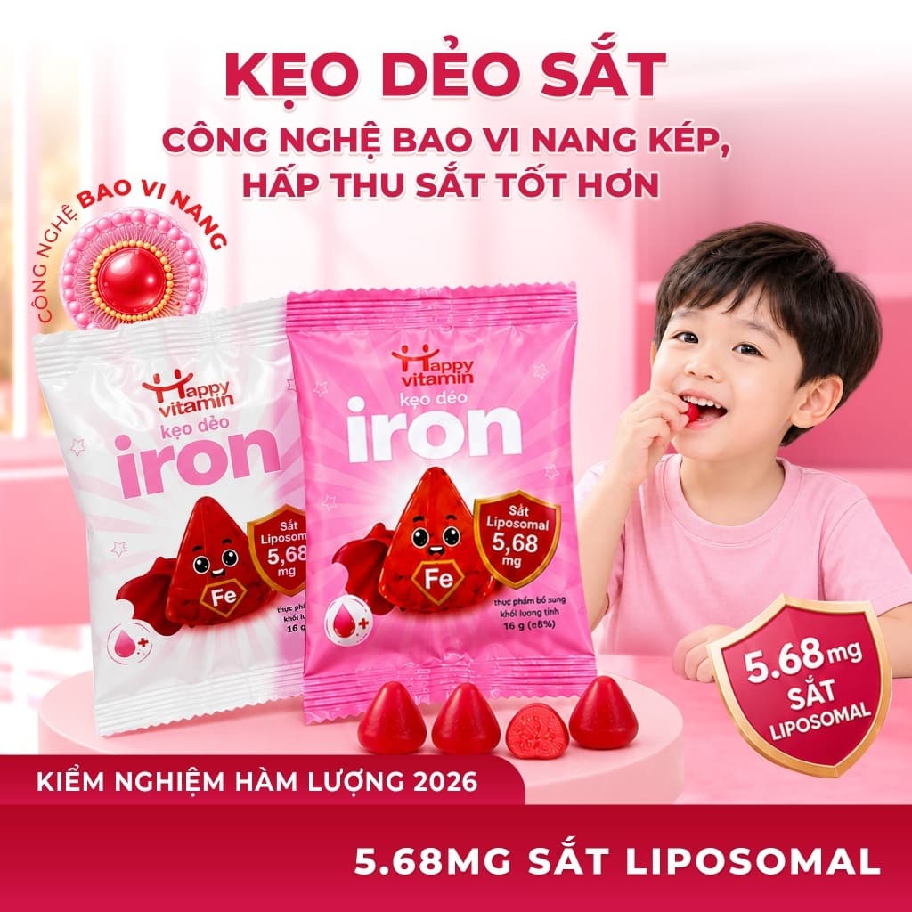 Kẹo Dẻo Sắt Cho Bé Happy Vitamin Iron Liposomal 5.68mg - Bổ Sung Sắt Không Gây Táo Bón, Hấp Thu Tốt Hơn (Túi 16g)