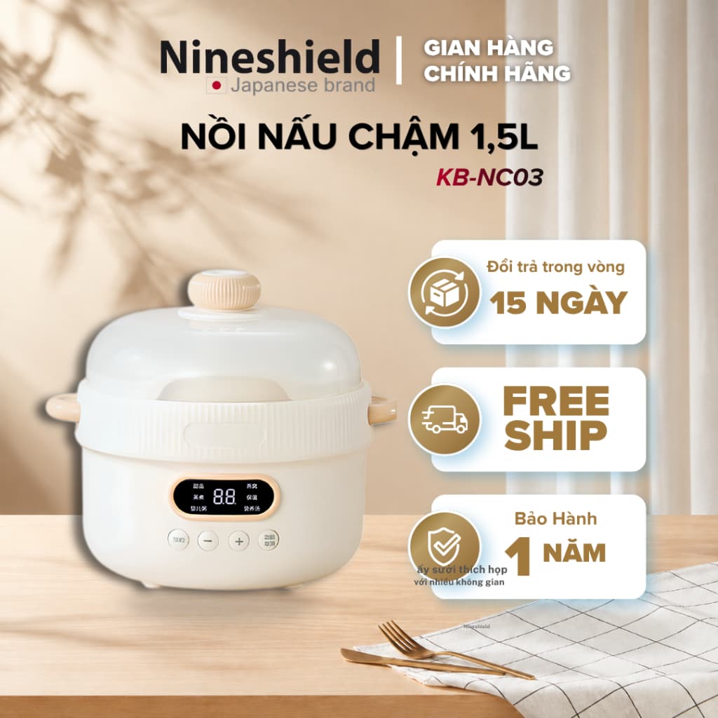 Nồi Nấu Chậm 1,5L Nineshield KB-NC02 Chính Hãng - Nấu Cháo, Hầm, Hấp, Chưng Yến Cho Bé Ruột Sứ Tráng Men, Bảo Hành 12 Th