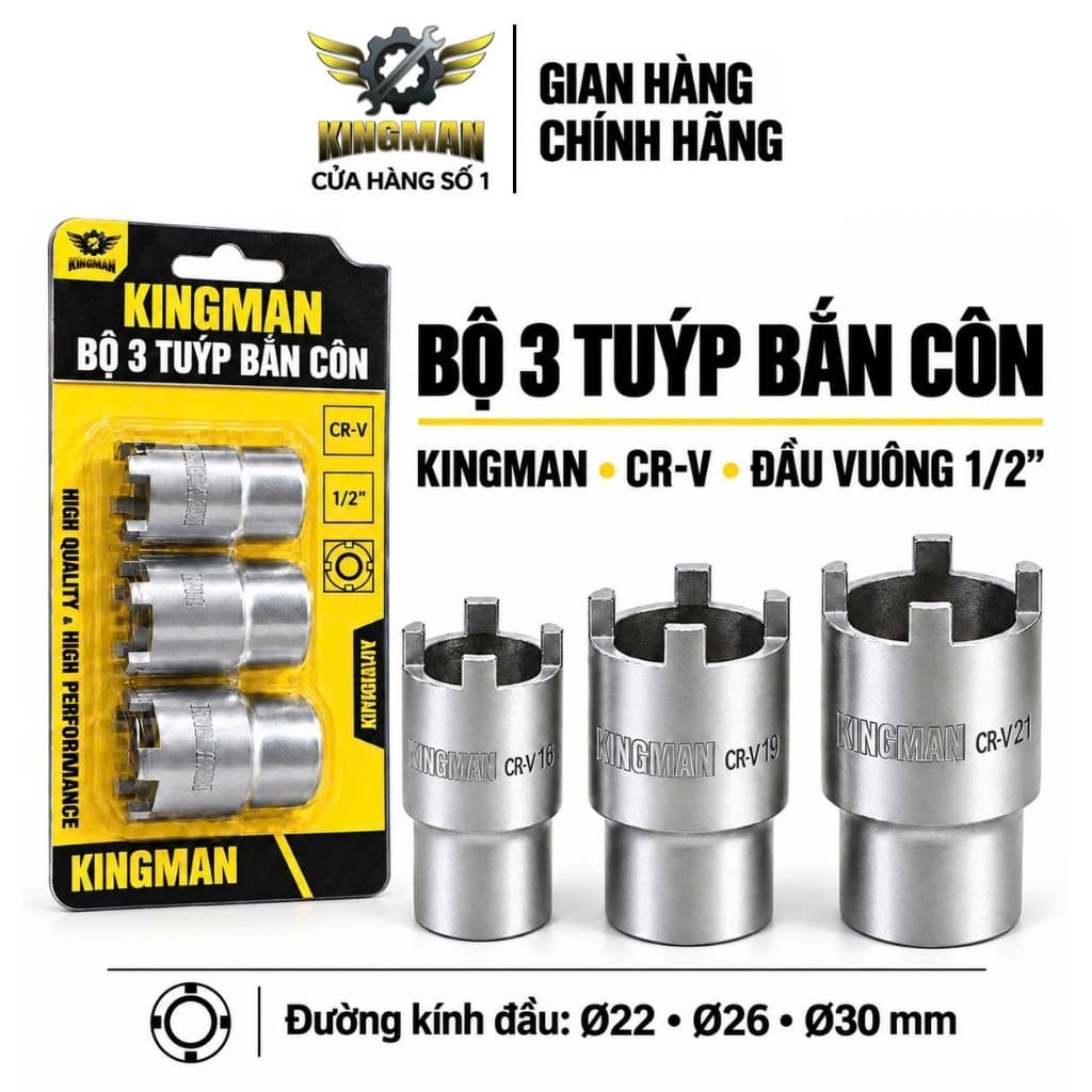 Bộ 3 tuýp mở tán côn KINGMAN 16mm 19mm 21mm thép CR-V, nhiệt luyện cao cấp K249