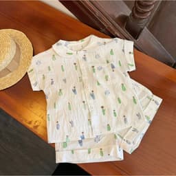 Bộ Cộc Tay Mặc Nhà Cho Bé Xô Đũi Xước Họa Tiết Xương Rồng Cổ Sen Cài Cúc Trắng Dễ Thương OlaBebe 7