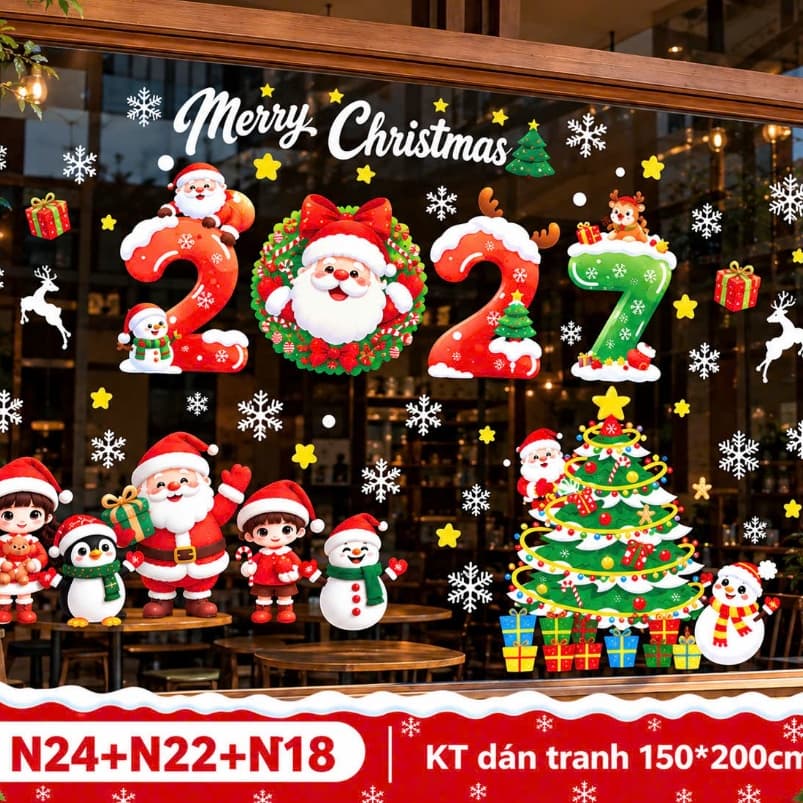 Decal NOEL - TẾT 2027 Dán Cửa Kính Trong Suốt –Tranh Tĩnh Điện Không Keo