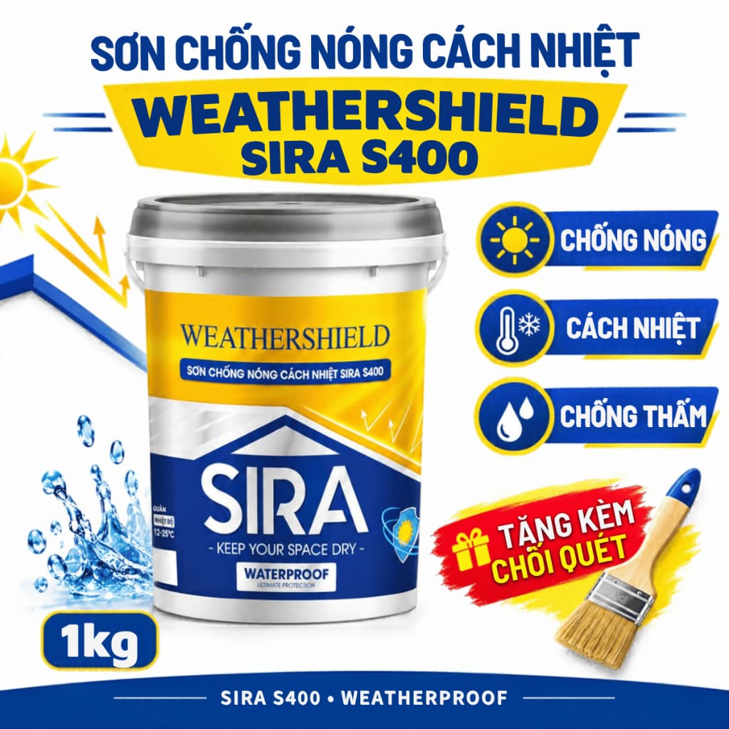 [1kg] Sơn chống nóng cách nhiệt SIRA Weathershield S400 chống thấm 1kg kèm chổi quét