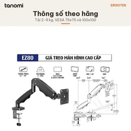 Giá đỡ màn hình Ergotek EZ80 1 màn 17-34 inch 2-9 kg Piston Ergo Lift Đi dây cáp ẩn VESA 75x75 100x100 mm 3