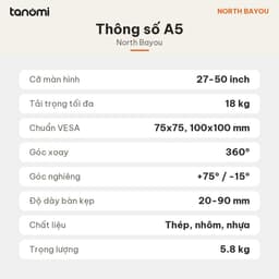 Giá đỡ màn hình North Bayou A5 1 màn 27-50 inch 18 kg VESA 75x75 100x100 mm arm màn hình 6