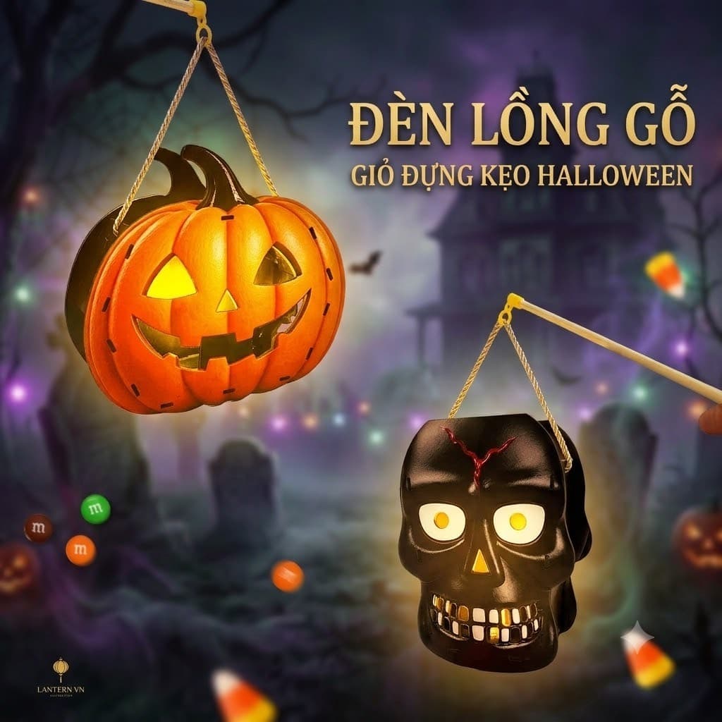 Đèn lồng gỗ giỏ đựng kẹo bí ngô, đầu lâu có đèn cho bé chơi Halloween, trang trí góc decor lễ hội hóa trang