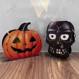 Đèn lồng gỗ giỏ đựng kẹo bí ngô, đầu lâu có đèn cho bé chơi Halloween, trang trí góc decor lễ hội hóa trang 8