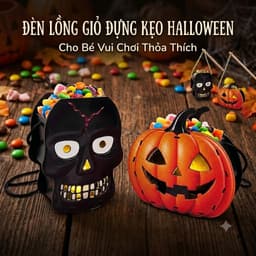 Đèn lồng gỗ giỏ đựng kẹo bí ngô, đầu lâu có đèn cho bé chơi Halloween, trang trí góc decor lễ hội hóa trang 5