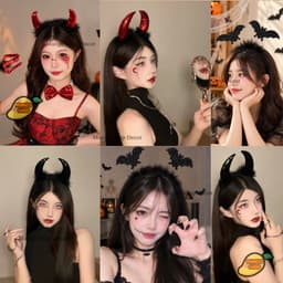 Băng Đô Sừng Quỷ Đỏ Đen Và Dơi Kim Tuyến Phối Lông Vũ Cosplay Hoá Trang Lễ Hội Halloween 2