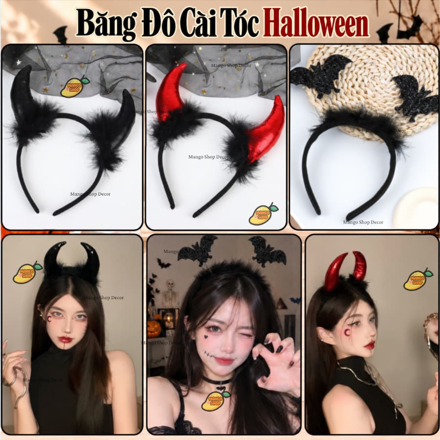 Băng Đô Sừng Quỷ Đỏ Đen Và Dơi Kim Tuyến Phối Lông Vũ Cosplay Hoá Trang Lễ Hội Halloween
