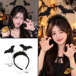 Băng Đô Sừng Quỷ Đỏ Đen Và Dơi Kim Tuyến Phối Lông Vũ Cosplay Hoá Trang Lễ Hội Halloween 6
