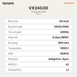 Màn hình gaming ViewSonic VX24G30 24 inch IPS Full HD 240Hz 0.8ms MPRT HDR10 chơi game FPS G-Sync compatible 7