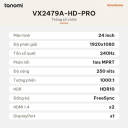 Màn hình gaming ViewSonic VX2479A-HD-PRO 24 inch IPS Full HD 240Hz 1ms MPRT HDR10 chơi game FPS 5