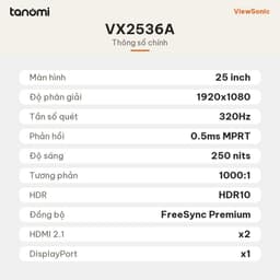 Màn hình gaming ViewSonic VX2536A 25 inch IPS Full HD 320Hz 0.5ms MPRT HDR10 chơi game FPS G-Sync compatible 7