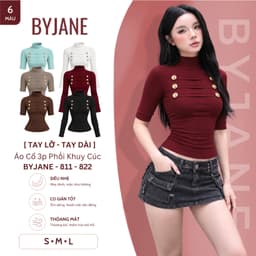 [ TAY LỠ - TAY DÀI ] Áo Thun Nữ Ôm Body Phối Cúc Cổ Lọ 3cm Sang Chảnh Trendy Chất Thun Mịn Co Dãn BYJANE - 811 - 822 1