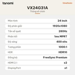 Màn hình gaming ViewSonic VX24G31A 24 inch IPS Full HD 280Hz 1ms MPRT HDR10 chơi game FPS G-Sync compatible 7