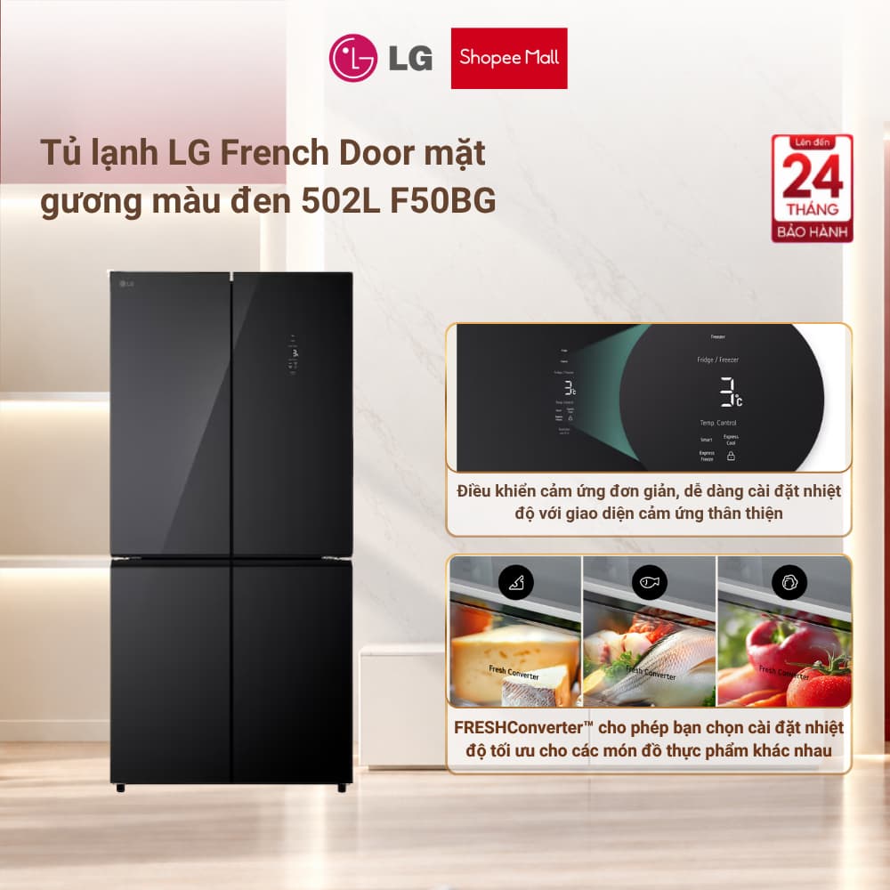 Tủ lạnh LG French Door mặt gương màu đen 502L F50BG Chính Hãng
