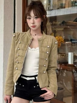 Áo Khoác Da Lộn Nữ 2 Lớp Dáng Ngắn Cổ Đứng Khóa Kéo Cúc Nổi Sang Chảnh Phong Cách Hàn Quốc 5