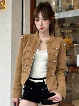 Áo Khoác Da Lộn Nữ 2 Lớp Dáng Ngắn Cổ Đứng Khóa Kéo Cúc Nổi Sang Chảnh Phong Cách Hàn Quốc 2