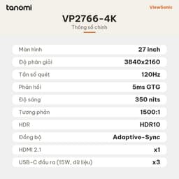 Màn hình đồ hoạ ViewSonic VP2766-4K 27 inch IPS 120Hz USB-C 90W thiết kế chỉnh ảnh 100 sRGB HDR10 5