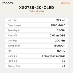 Màn hình gaming ViewSonic XG2738-2K-OLED 27 inch 240Hz 0.03ms GTG QD-OLED chơi game FPS G-Sync compatible 7
