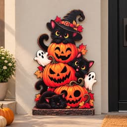 Bảng gỗ tháp bí ngô, mèo đen trang trí Halloween, dựng cửa ngày lễ hội hóa trang 2026 5