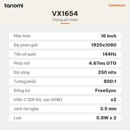 Màn hình gaming di động ViewSonic VX1654 16 inch IPS Full HD 144Hz USB-C chơi game FPS FreeSync 7