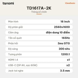 Màn hình di động cảm ứng ViewSonic TD1617A-2K 16 inch IPS QHD+ 165Hz Cảm ứng 10 điểm USB-C màn hình phụ laptop 7
