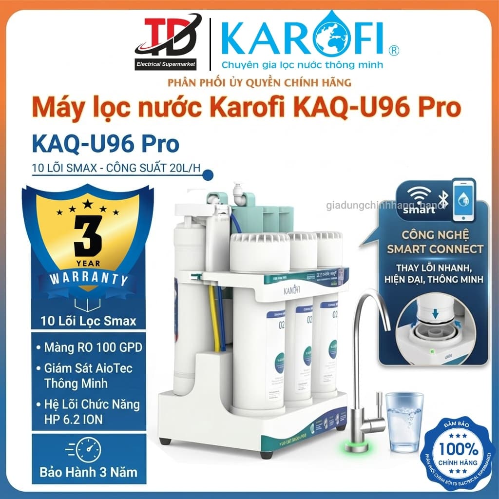 Máy Lọc Nước Để Gầm KAROFI KAQ-U96 PRO, 10 Lõi Cao Cấp, Vòi Led Điện Tử, Kết Nối Wifi, BH Tại Nhà 3 Năm