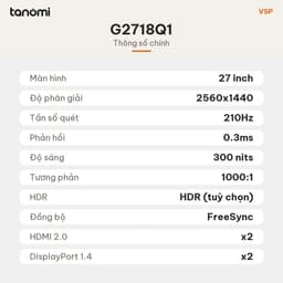 Màn hình gaming VSP G2718Q1 27 inch Fast IPS 2K 210Hz 0.3ms chơi game FreeSync bảo hành 3 năm DisplayPort 7