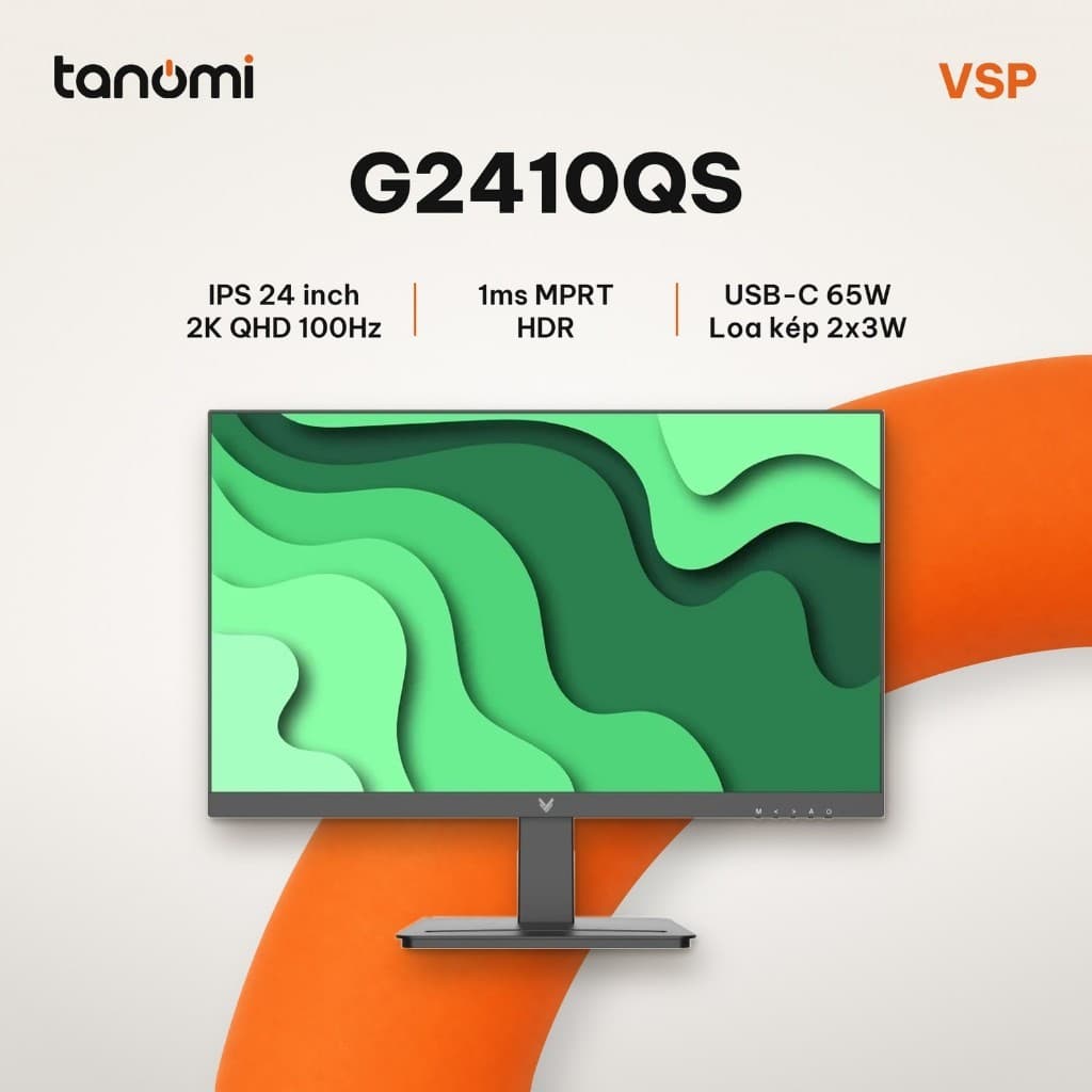 Màn hình văn phòng 2K VSP G2410QS 23.8 inch IPS 2K 100Hz USB-C 65W Loa kép 2x3W làm việc thiết kế