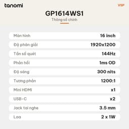 Màn hình di động VSP GP1614WS1 IPS WUXGA 16 inch 144Hz USB-C mở rộng màn hình laptop mỏng nhẹ 0.6 kg 7