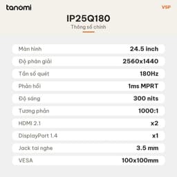 Màn hình gaming VSP IP25Q180 24.5 inch IPS 2K 180Hz 2 HDMI 2.1 chơi game bảo hành 3 năm DisplayPort 7