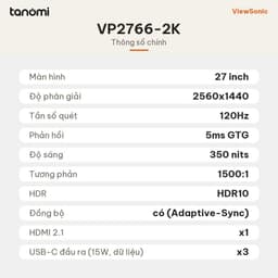 Màn hình đồ hoạ ViewSonic VP2766-2K 27 inch IPS 120Hz USB-C 90W thiết kế chỉnh ảnh 100 sRGB HDR10 7
