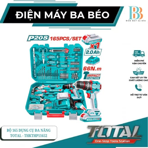 Bộ 165 món bao gồm máy khoan búa không chổi than dùng pin 20V TIDLI20668 total - THKTHP11652