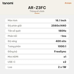 Màn hình di động Arzopa AR-Z3FC IPS 16.1 inch 180Hz 2K QHD USB-C mỏng nhẹ FreeSync bảo hành 2 năm 2