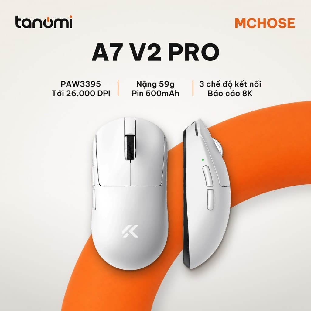 Chuột gaming không dây MCHOSE A7 V2 Pro HW-A7V2-2 3 chế độ kết nối nhẹ 59g cảm biến PAW3395 DPI 26.000 8K Trắng
