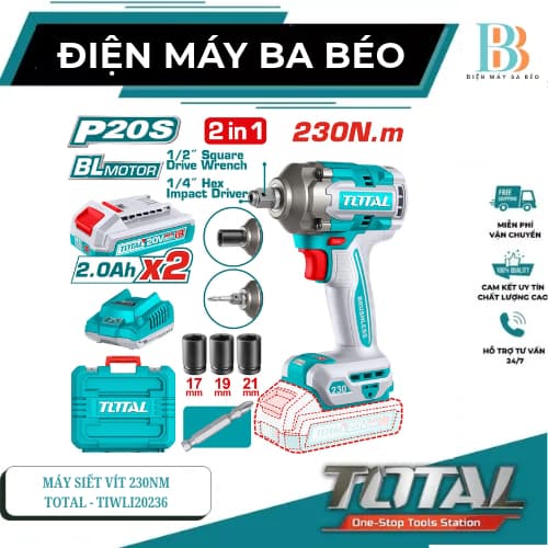 Máy siết bu loong không chổi than dùng  pin 20V, momen xoắn cực đại 230Nm total - TIWLI20236