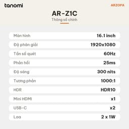 Màn hình di động Arzopa AR-Z1C IPS 60Hz 16.1 inch Full HD sRGB 100 USB-C mỏng nhẹ bảo hành 2 năm 5