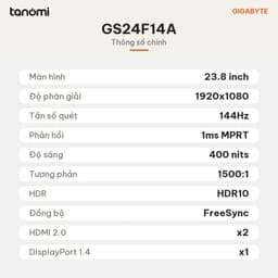 Màn hình gaming Gigabyte GS24F14A 23.8 inch IPS Full HD 144Hz OC 175Hz 1ms MPRT chơi game HDR10 7