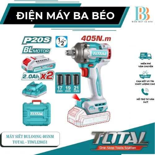 Máy siết buloong 405Nm dùng pin 20V, không chổi than, đầu siết vuông 1/2'' TOTAL - TWLI20451