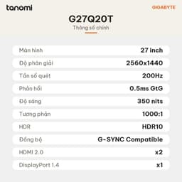Màn hình gaming Gigabyte G27Q20T 27 inch SuperSpeed IPS 2K 200Hz 0.5ms GtG chơi game FPS HDR10 FreeSync Premium 7