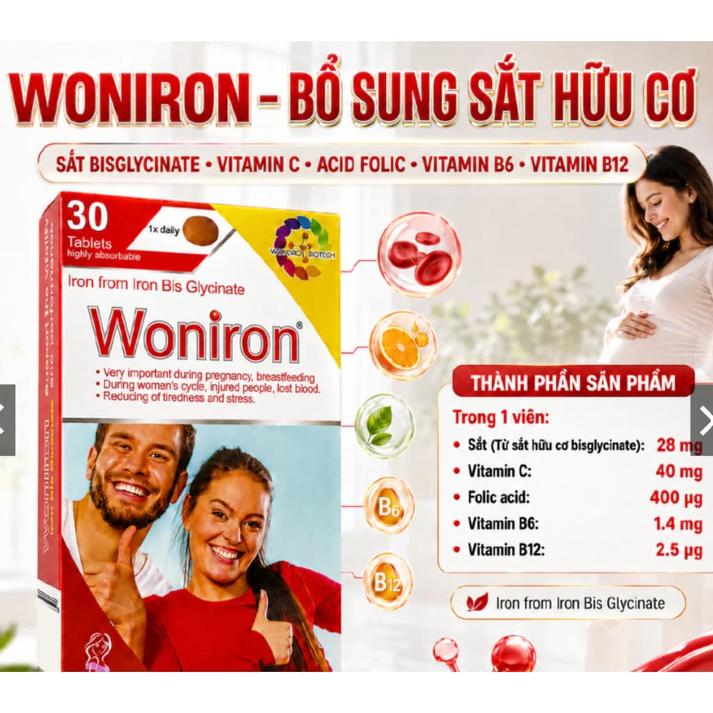 Woniron (Hộp 30 viên) Sắt Hữu Cơ Bislycinate, Acid Folic Cho Mẹ Bầu, Người Thiếu Máu Do Thiếu Sắt< BUN BUN SHOP