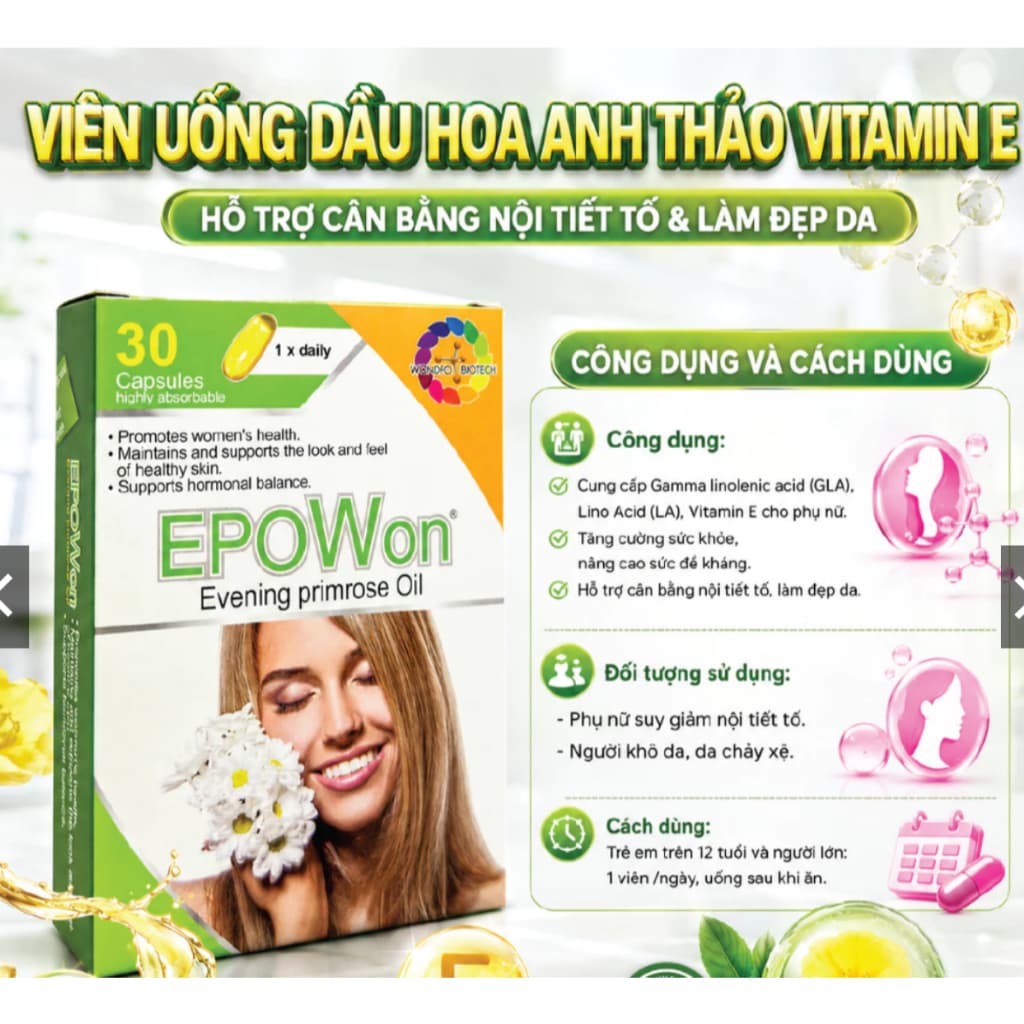EPOWON  (HỘP 30V ) Viên Uống Tinh Dầu Hoa Anh Thảo Vitamin E. Hỗ Trợ Cân Bằng Nội Tiết Tố Nữ & Làm Đẹp Da< BUN BUN SHOP